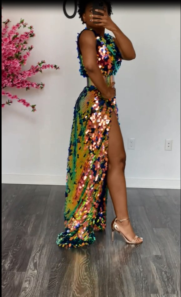 Sleeveless Sparkly Sequined Formal Party Maxi Dress V-Neck