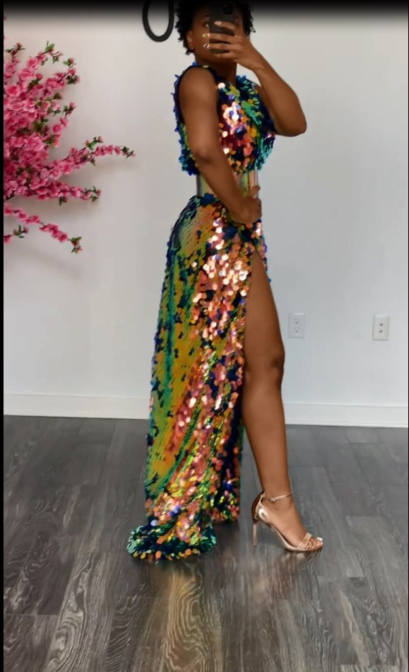 Sleeveless Sparkly Sequined Formal Party Maxi Dress V-Neck