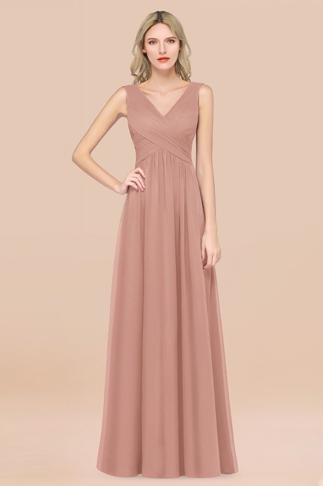 Chiffon A-Line Straps V-Neck Sleeveless Long Bridesmaid Dress with Ruffles