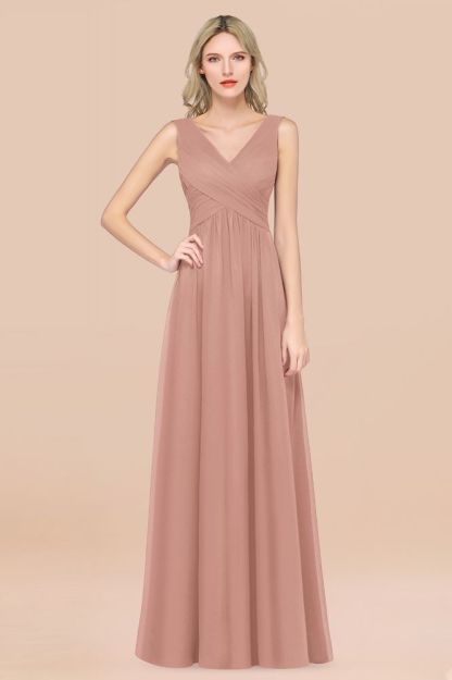 Chiffon A-Line Straps V-Neck Sleeveless Long Bridesmaid Dress with Ruffles