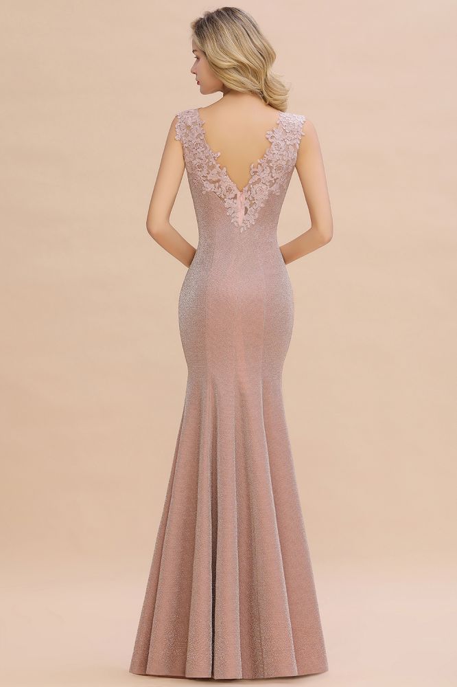 Sparkly Deep V-neck Long Evening Dresses | Elegant Flowers Neck Sleeveless Pink Floor-length Formal Dress-Babyonlinewholesale