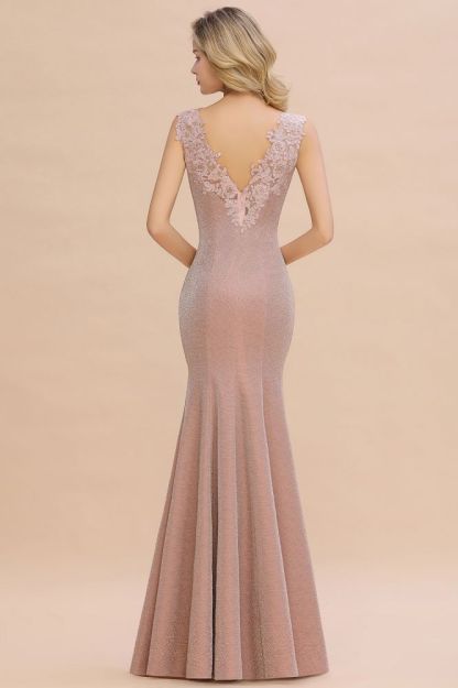 Sparkly Deep V-neck Long Evening Dresses | Elegant Flowers Neck Sleeveless Pink Floor-length Formal Dress-Babyonlinewholesale