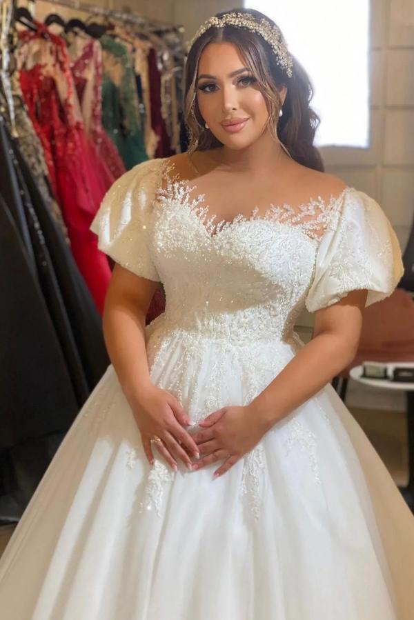 Bubble Sleeves Sweetheart White Ball Gown Wedding Dresses
