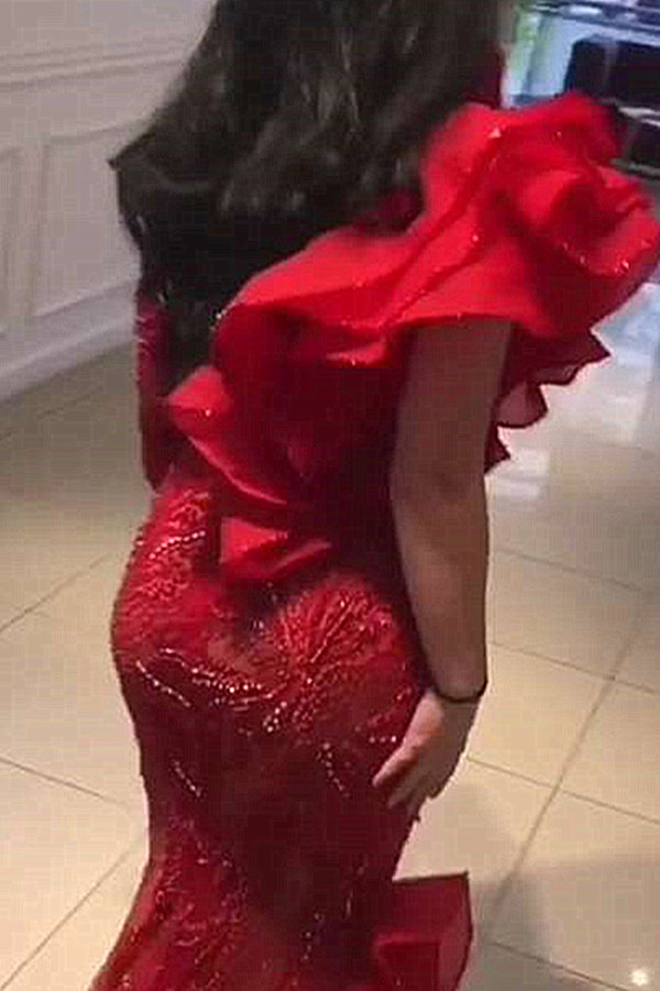 Burgundy One shoulder Mermaid Long sleeves Sexy Mermaid Evening Dress