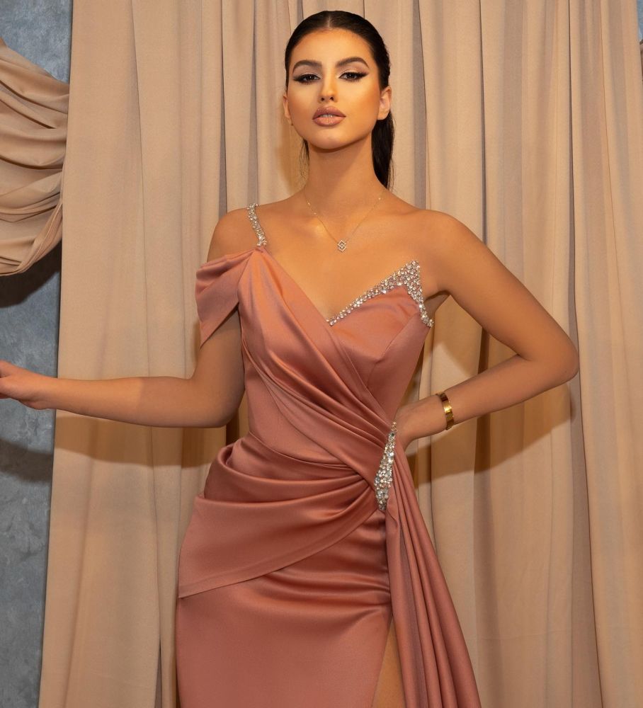 Elegant dusty pink long sleeves high split prom dress