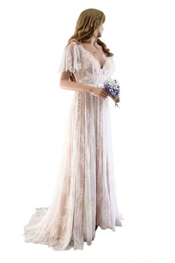 Unique Lace Half Sleeves Boho Wedding Dress | Chic Summer Beach Bridal Gowns