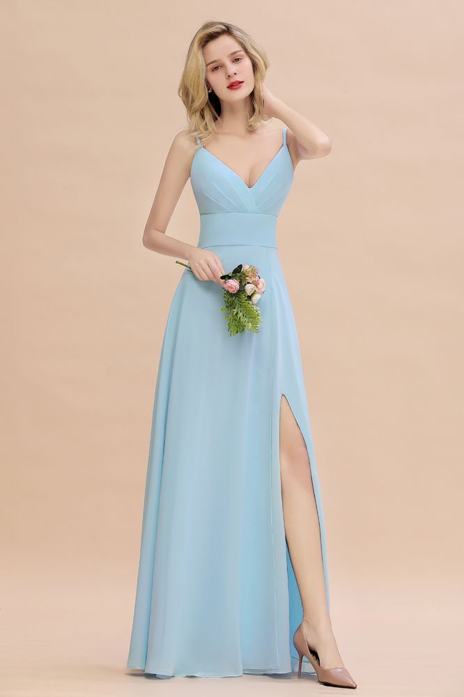 Simple Spaghetti Straps Chiffon Bridesmaid Dress Formal Dress with Side Slit