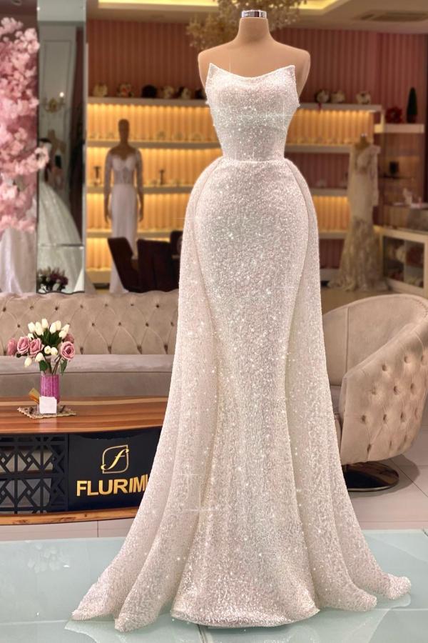 Strapless Sparkly Sequins Mermaid Evening Party Dress with Sweep Train