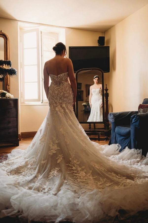Romantic Sweetheart Strapless Tulle Mermaid Bridal Dress Simple Floral Lace Wedding Dress