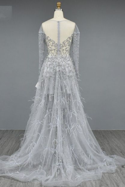 Starpless Gray Ruffles Arabic Court train Prom Dress