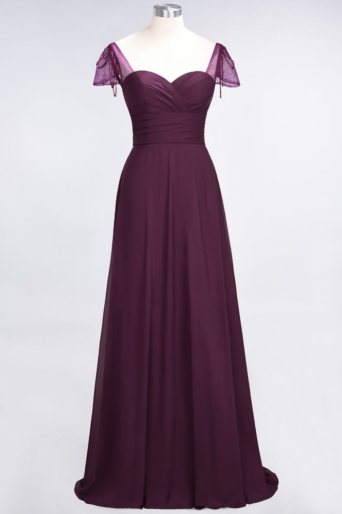 Chiffon A-Line Sweetheart Cap-Sleeves Ruffle Long Bridesmaid Dress with Beadings