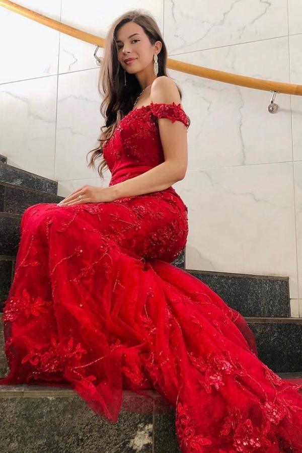 Decent Red Appliques Lace Off-the-shoulder Floor-length Mermaid Prom Dresses