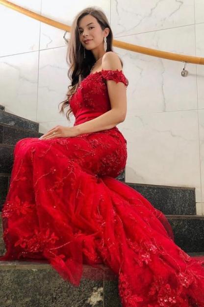 Decent Red Appliques Lace Off-the-shoulder Floor-length Mermaid Prom Dresses