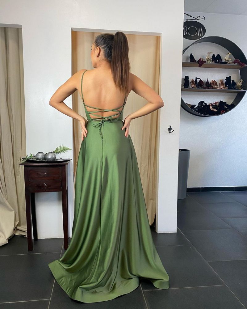 Sexy Straps Satin Casual Evening Dress Side Split with Pockets