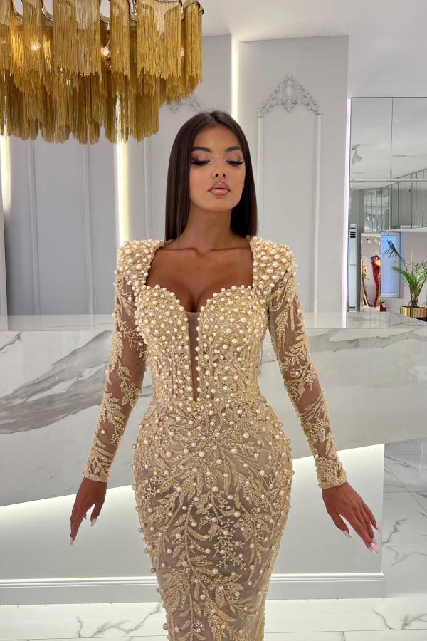 Champange mermaid long sleeves sweetheart prom dress with tulle overskirt