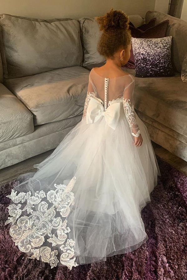 Long sleeves Floor length Champange Bowtie Flower Girl Dresses