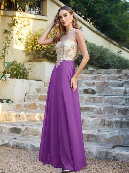 Sleeveless Lace Appliques Long Prom Dresses Chiffon Evening Party Gown
