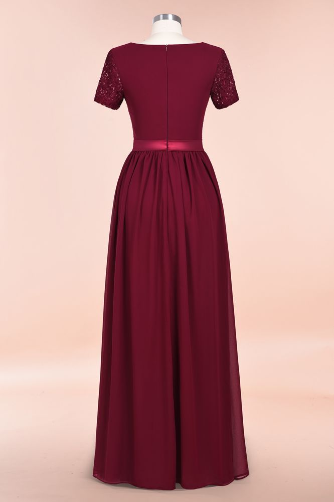 Retro Chiffon Lace Scoop Short-Sleeves Online Bridesmaid Dress