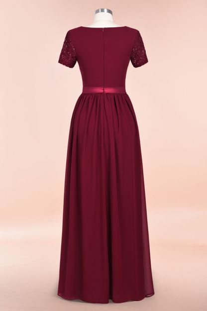 Retro Chiffon Lace Scoop Short-Sleeves Online Bridesmaid Dress