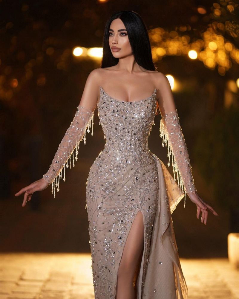 Sweetheart Tulle High Split Sleeves Prom Dresses