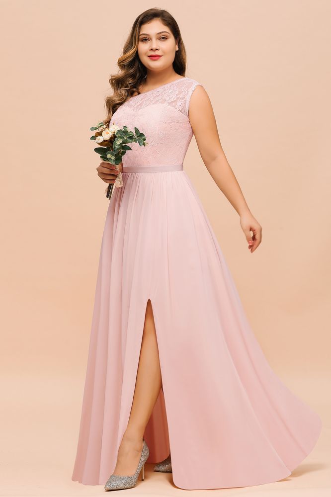 One shoulder Lace Aline Evening Dress Pink Bridesmaid Dress with Side Slit