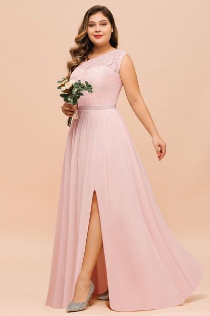 One shoulder Lace Aline Evening Dress Pink Bridesmaid Dress with Side Slit