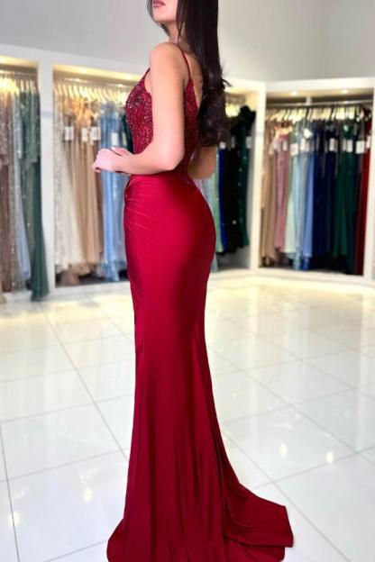 Straps Burgundy Mermaid Long Prom Dresses