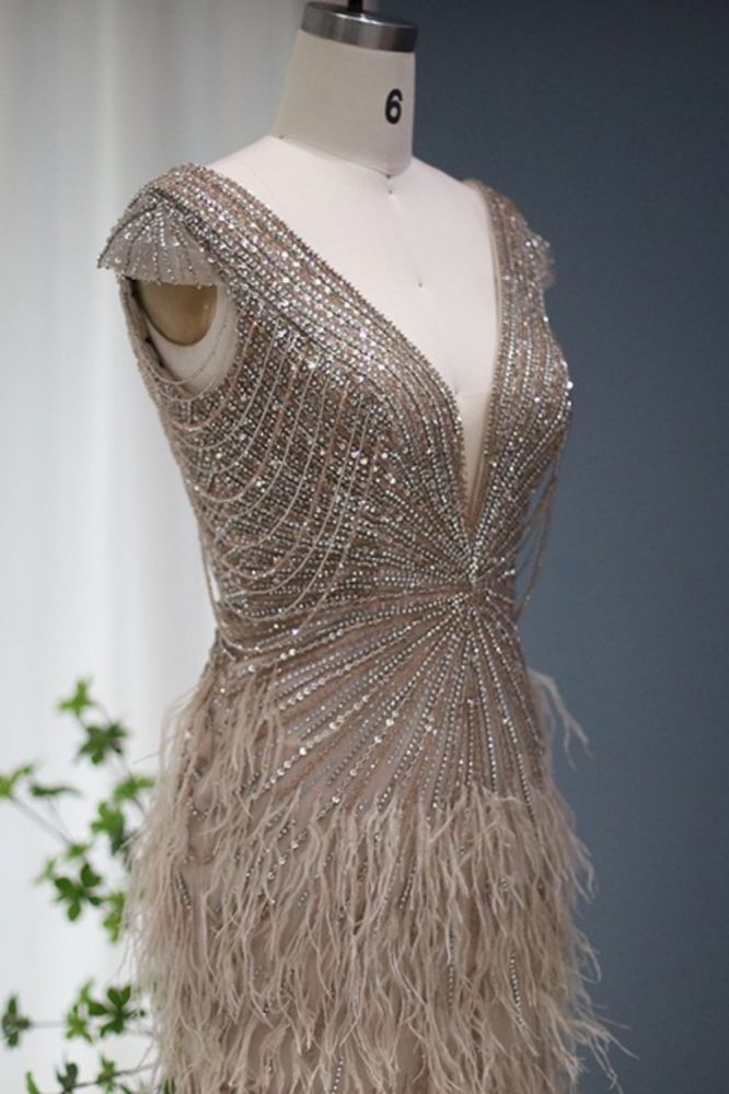 Luxury V-Neck Fur Mermaid Evening Dress for Women Glitter Beadings Cap Sleeves Tassels Long Wedding Party Gowns-Babyonlinewholesale