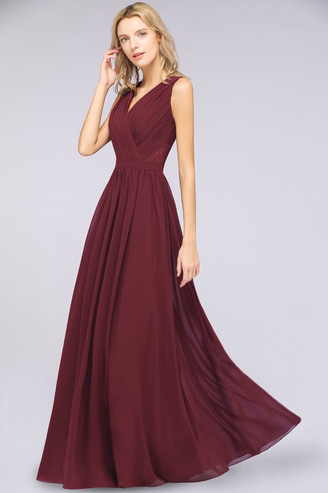 Chiffon A-Line Lace V-Neck Sleeveless Long Bridesmaid Dress with Ruffles