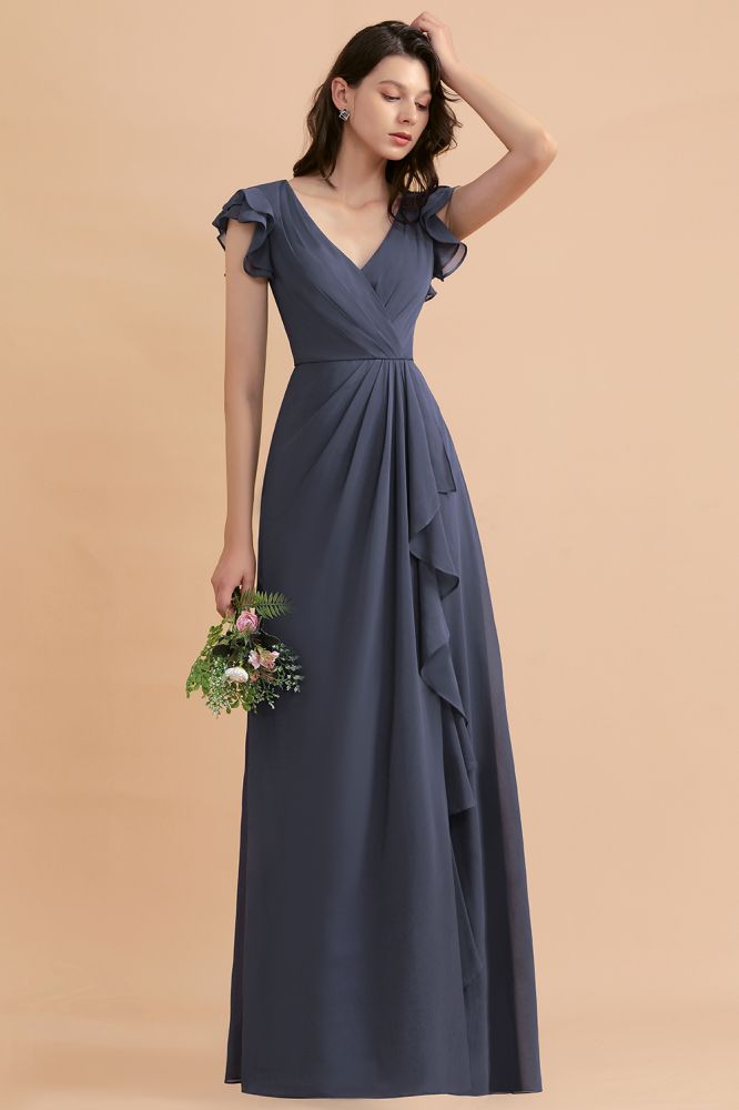 Ruffles Sleeves Chiffon Aline Wedding Party Dress Floor Length Evening Dress