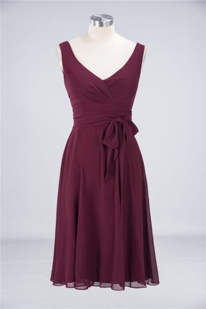 Chiffon A-Line Straps V-Neck Sleeveless Ruffles Short Bridesmaid Dress with Bow Sash