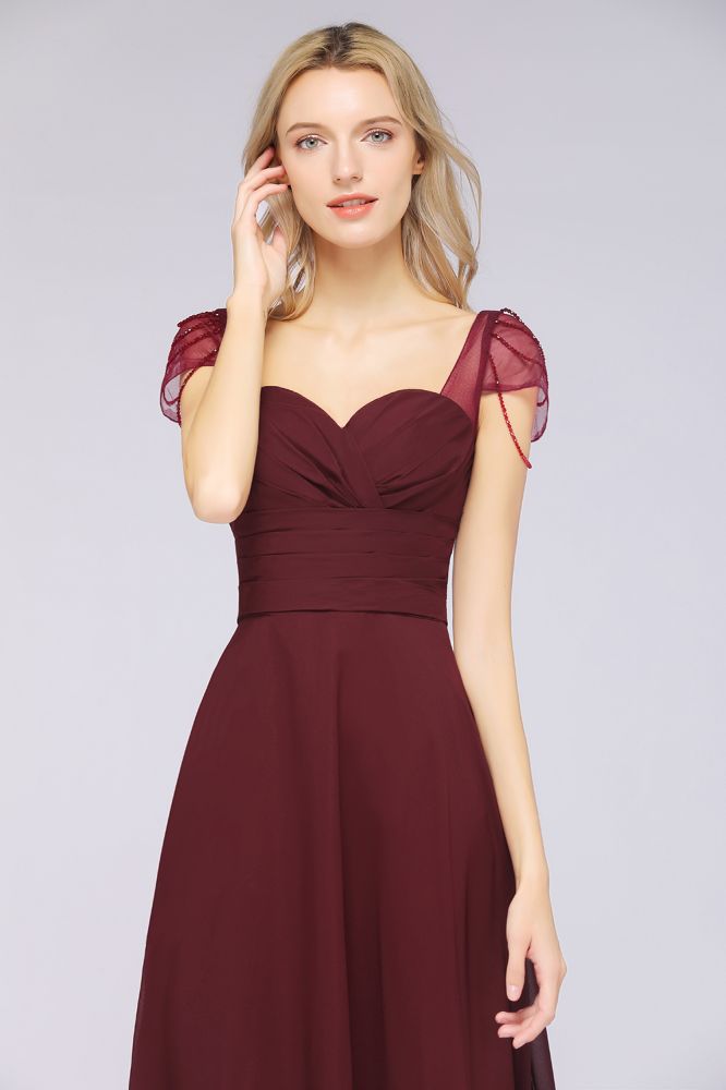 Chiffon A-Line Sweetheart Cap-Sleeves Ruffle Long Bridesmaid Dress with Beadings