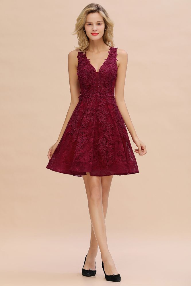 Princess V-neck Knee Length Lace Appliqued Homecoming Dresses | Burgundy Dress for Homecoming