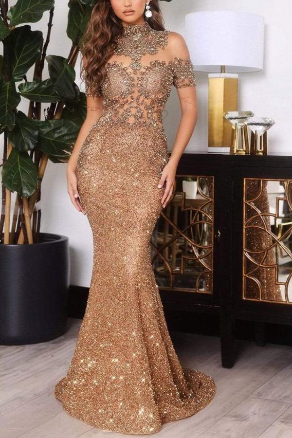 Gold off the shoulder sparkle mermaid floor length prom dress
