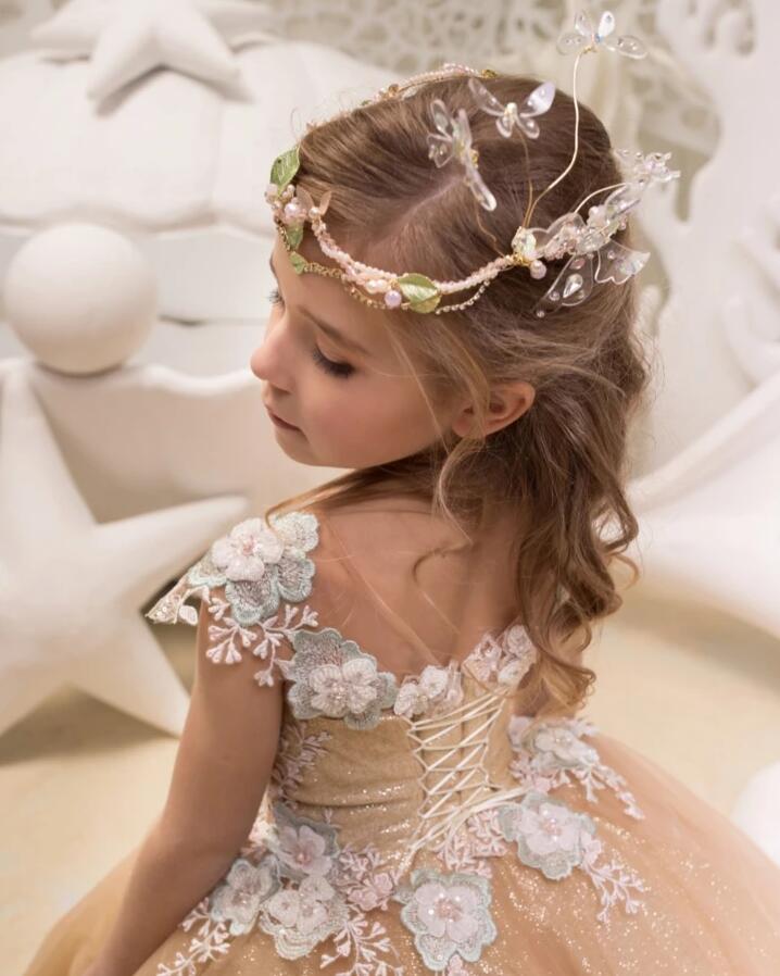 Lovely Long Champagne Cap Sleeves Flower Girl Dresses WIth Lace Up| Jewel Tulle Kids Dresses For Wedding-Babyonlinewholesale