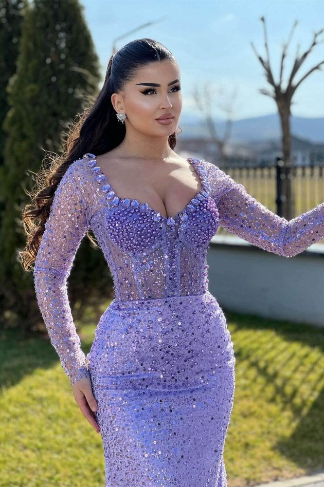 Lilac Long sleeves Mermaid Train Sweetheart Prom Dresses