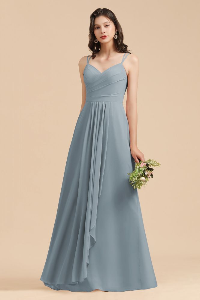 Elegant Ruched Chiffon Bridesmaid Dress Dusty Blue V-Neck Wedding Guest Dress