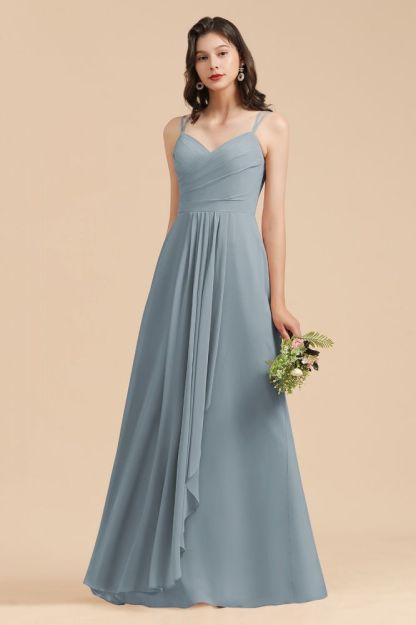 Elegant Ruched Chiffon Bridesmaid Dress Dusty Blue V-Neck Wedding Guest Dress