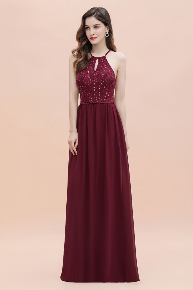 Halter Sequins A-line Evening Dress Chiffon Elegant Party Maxi Dress