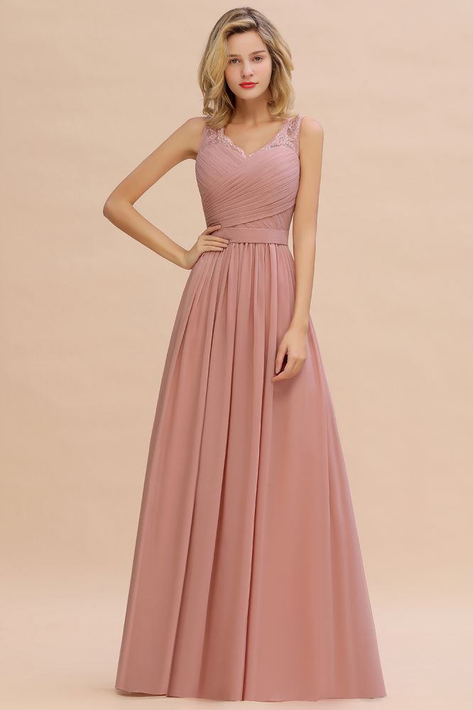 Charming A-line Bridesmaid Dress V-Neck Chiffon Long Wedding Party Dress
