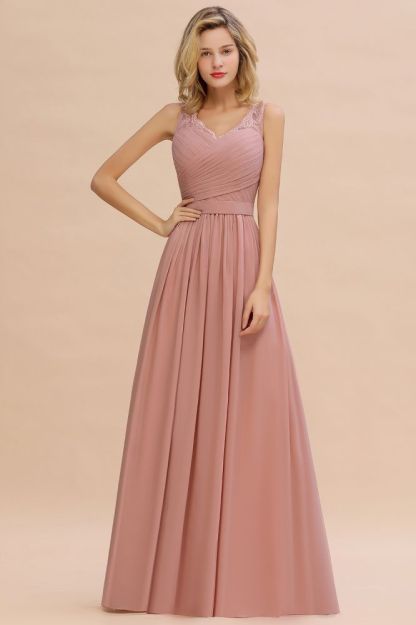 Charming A-line Bridesmaid Dress V-Neck Chiffon Long Wedding Party Dress