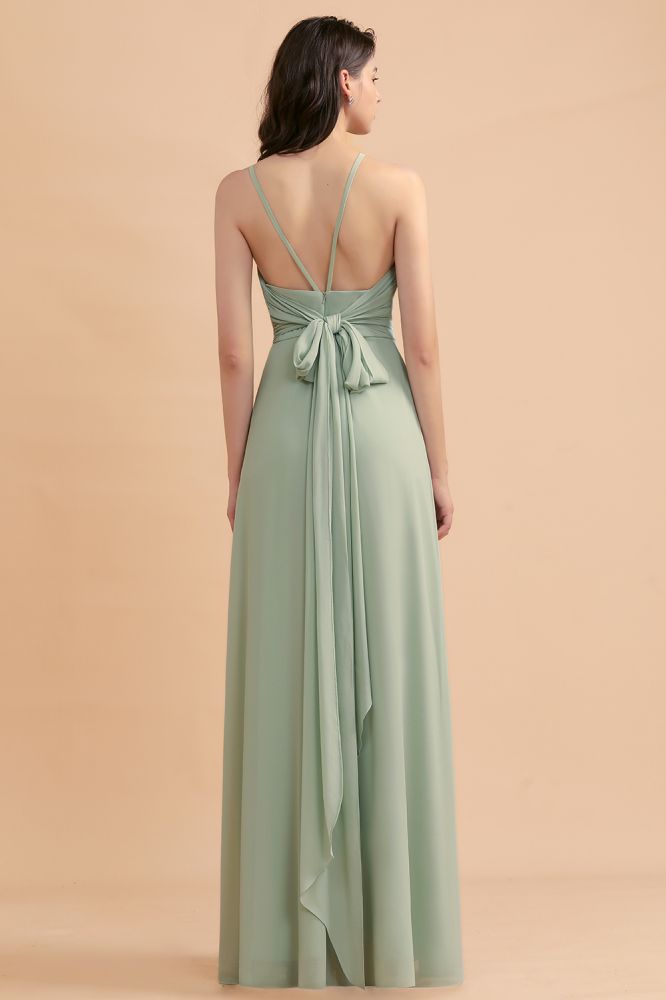 Halter Mint Green Aline Wedding Guest Dress Sleeveles Long Banquet Dress with Side Slit