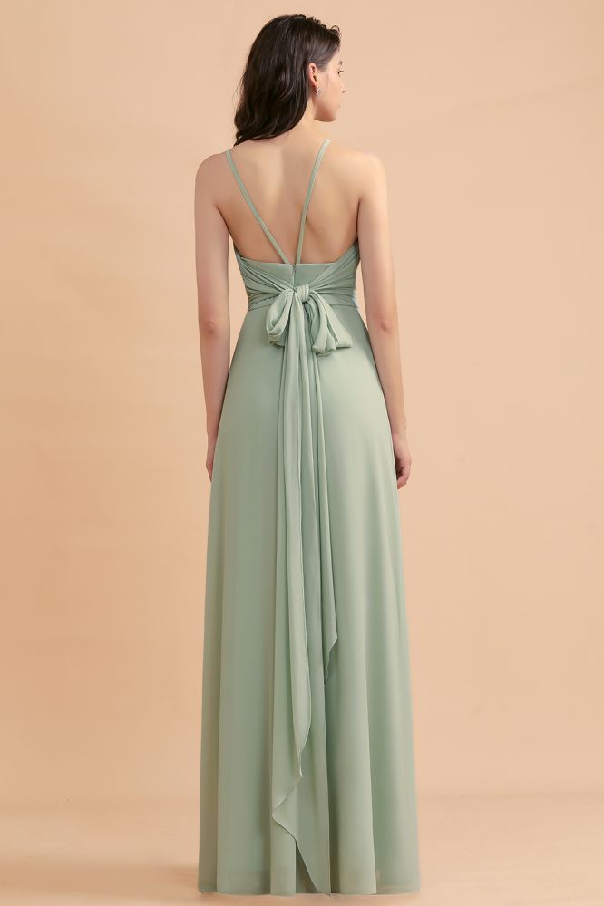 Halter Mint Green Aline Wedding Guest Dress Sleeveles Long Banquet Dress with Side Slit