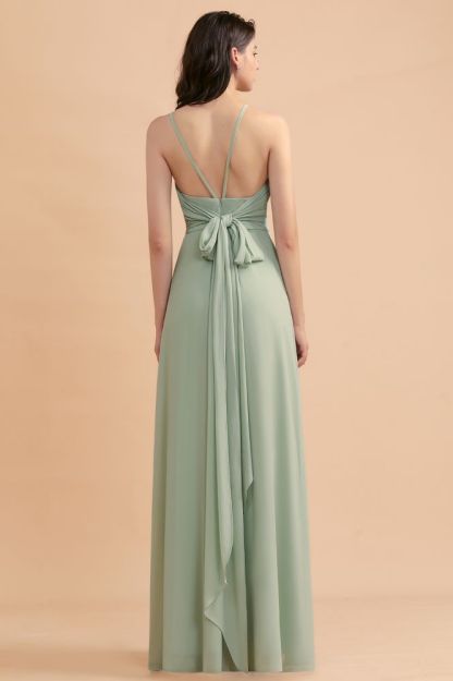 Halter Mint Green Aline Wedding Guest Dress Sleeveles Long Banquet Dress with Side Slit
