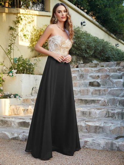 Sleeveless Lace Appliques Long Prom Dresses Chiffon Evening Party Gown
