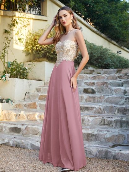 Sleeveless Lace Appliques Long Prom Dresses Chiffon Evening Party Gown