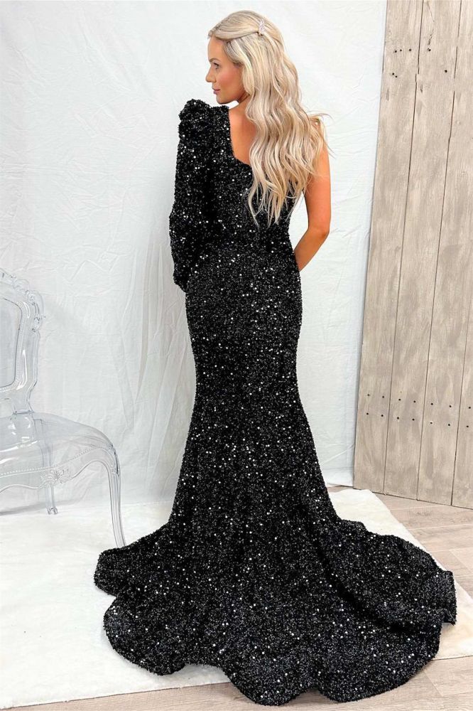 One shoulder Long sleeves Black High split Prom Dresses