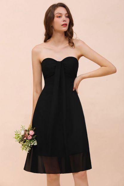 Sweetheart Black Short Wedding Party Dress Sleeveless Knee Length Bridesmaid Dress