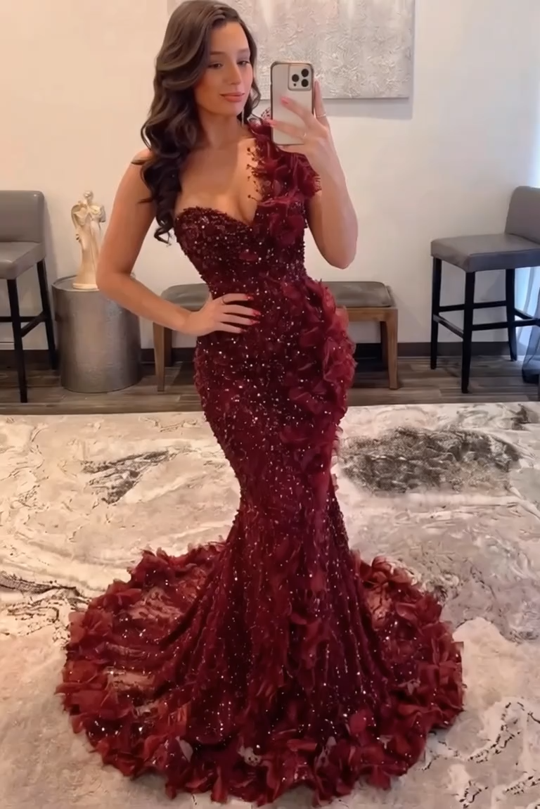 Luxury One Shoulder Sequins Mermaid Prom Dress with Beadings Evening Gown Appliques
