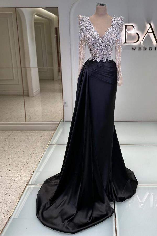 Deluxe Black V-Neck Long Sleeves Sequined Mermaid Satin Prom Dresses with Beads